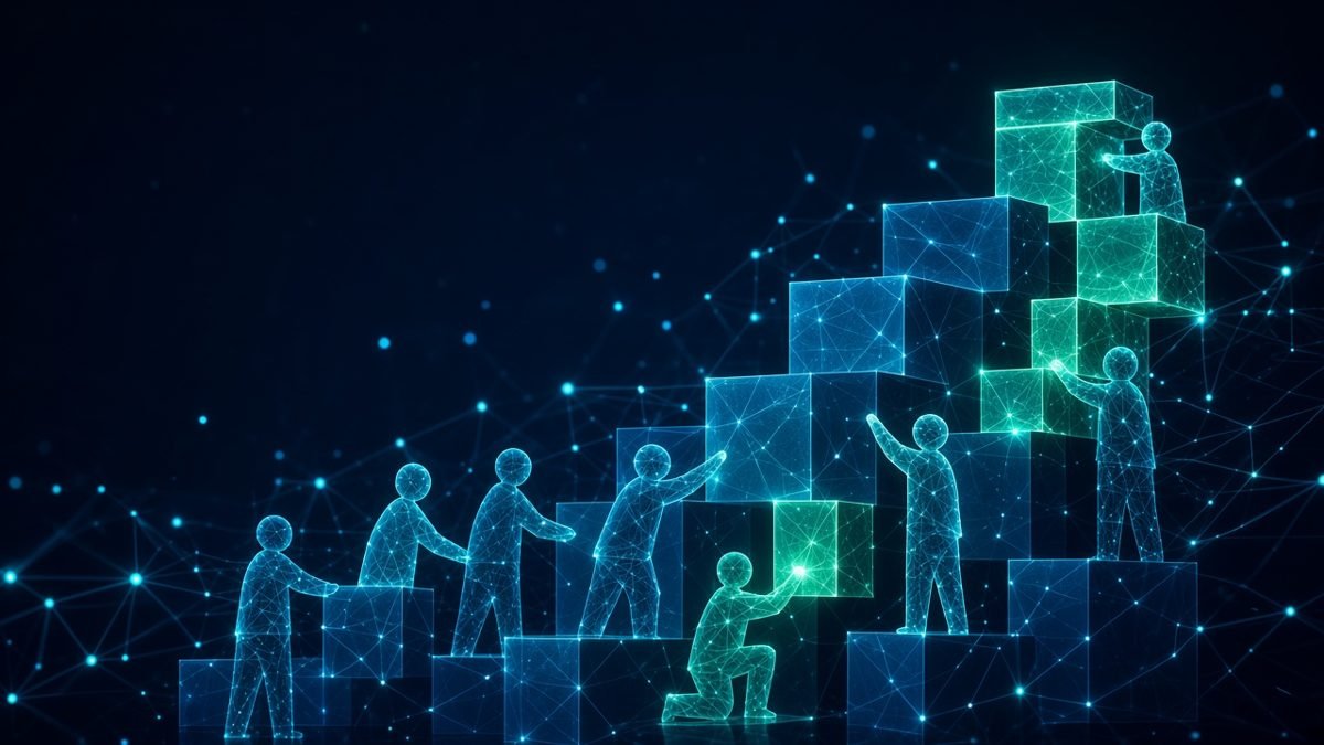 Illustration of people of different heights working together to build a rising structure of blocks, with new amber blocks added at the top