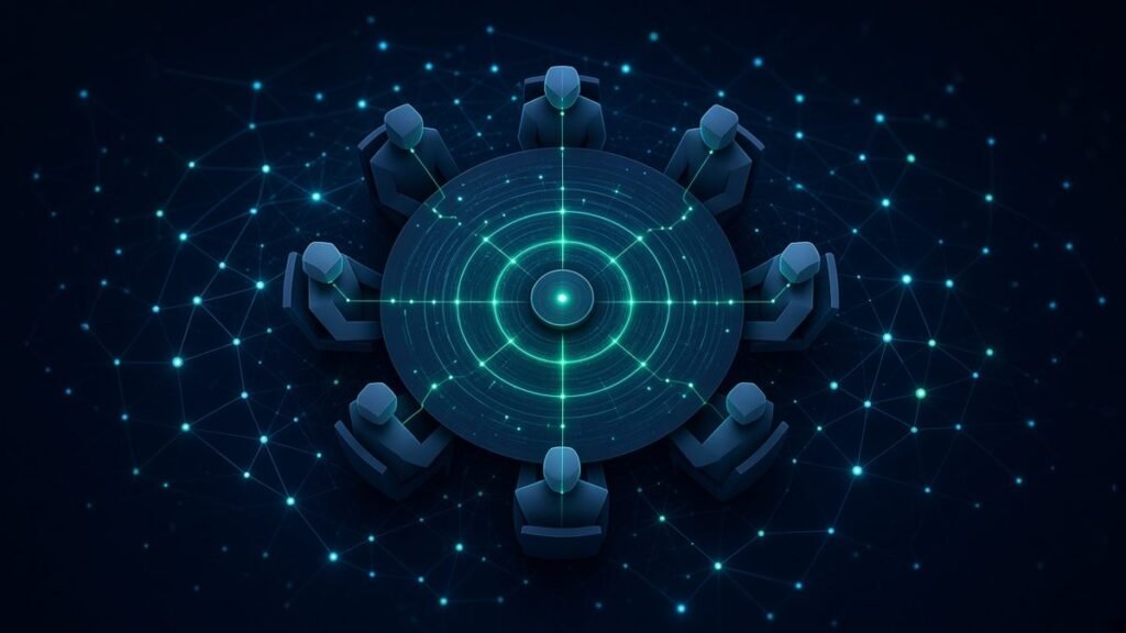Top-down illustration of a round meeting table with a small recording device at its centre emitting amber sound rings