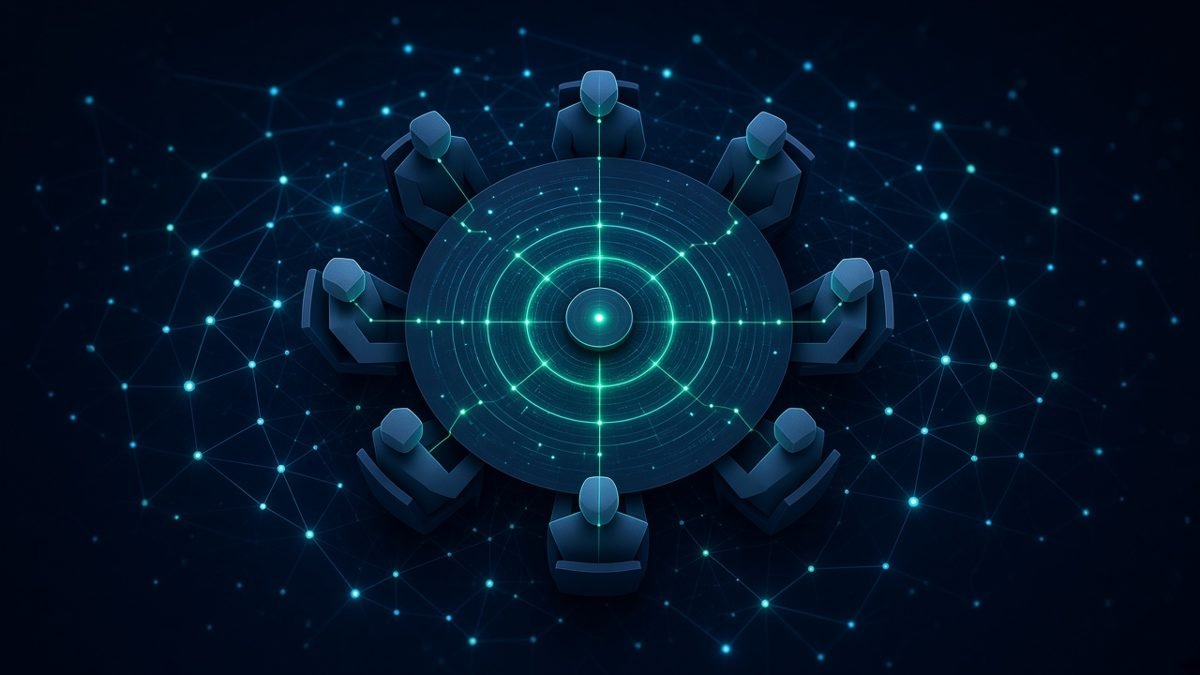 Top-down illustration of a round meeting table with a small recording device at its centre emitting amber sound rings