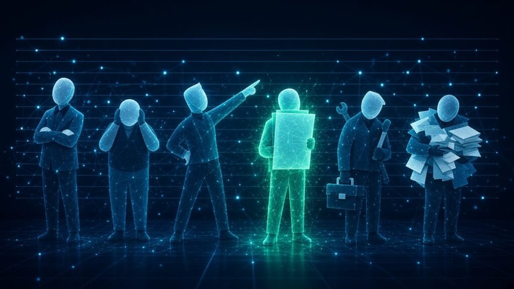 Illustration of six faceless office workers in a police-style line-up, each with a different posture, one highlighted in amber