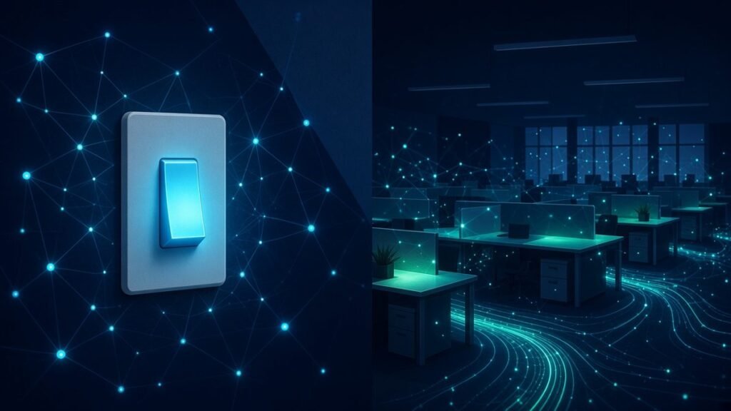 Illustration of a glowing light switch beside a darkened open-plan office in which only one desk is lit