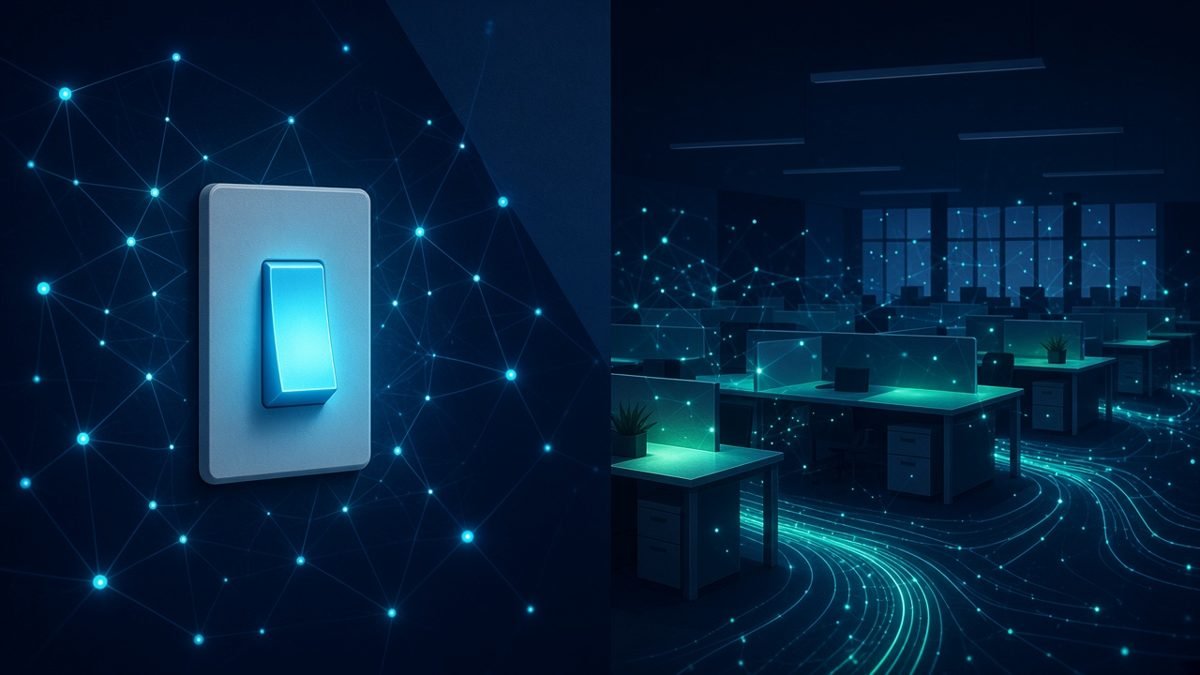 Illustration of a glowing light switch beside a darkened open-plan office in which only one desk is lit