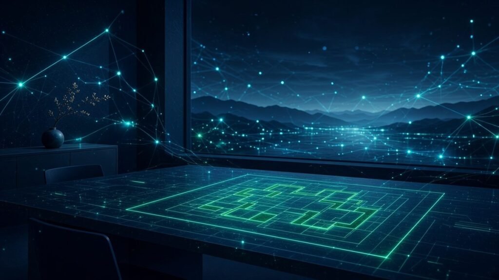 Illustration of an empty boardroom looking out on a misty horizon, with an amber blueprint laid out on the table