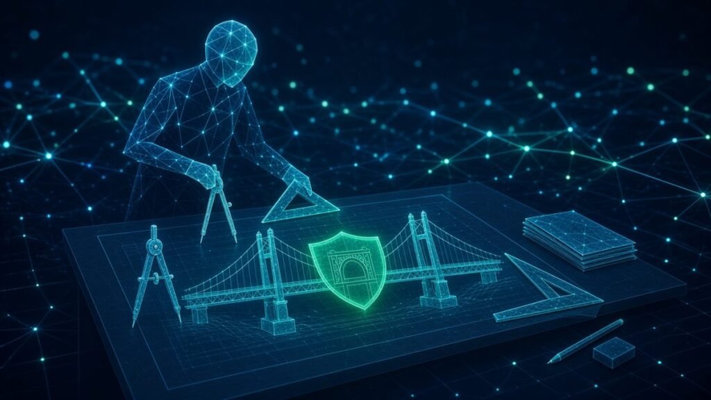 Illustration of a person at a drafting table drawing a bridge blueprint with an amber shield at its centre