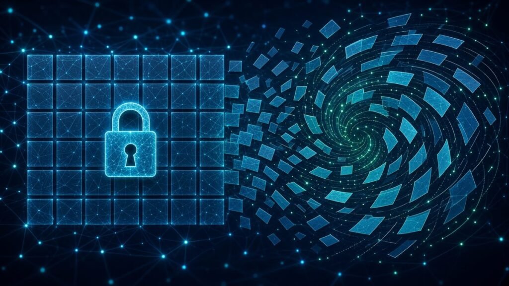 Illustration of a locked grid of squares breaking apart into a swirling vortex of scattered panels
