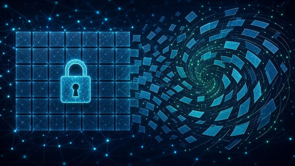 Illustration of a locked grid of squares breaking apart into a swirling vortex of scattered panels