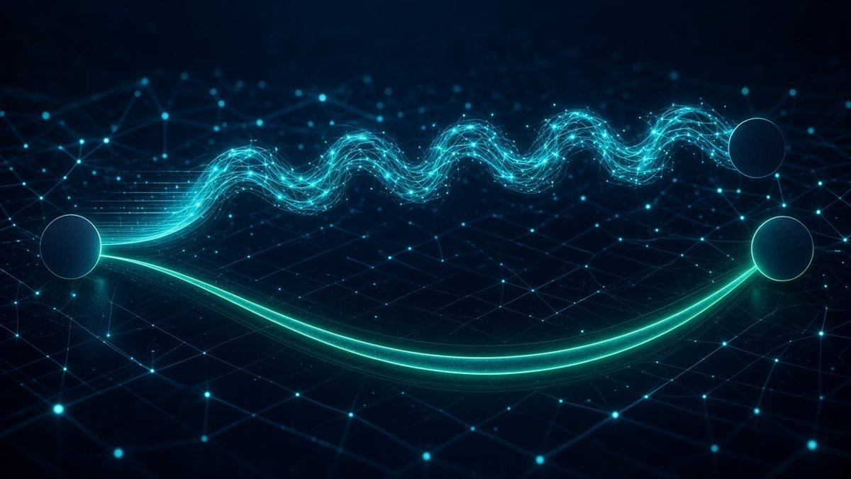 Illustration contrasting a winding chain of process steps with a single clean amber arc running directly from start to finish
