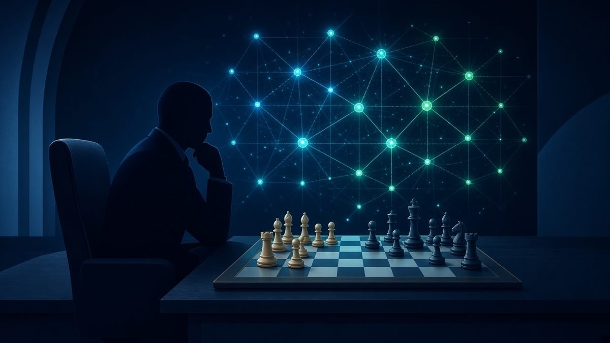 Illustration of an executive in silhouette considering a chessboard beneath a glowing amber network of connected points