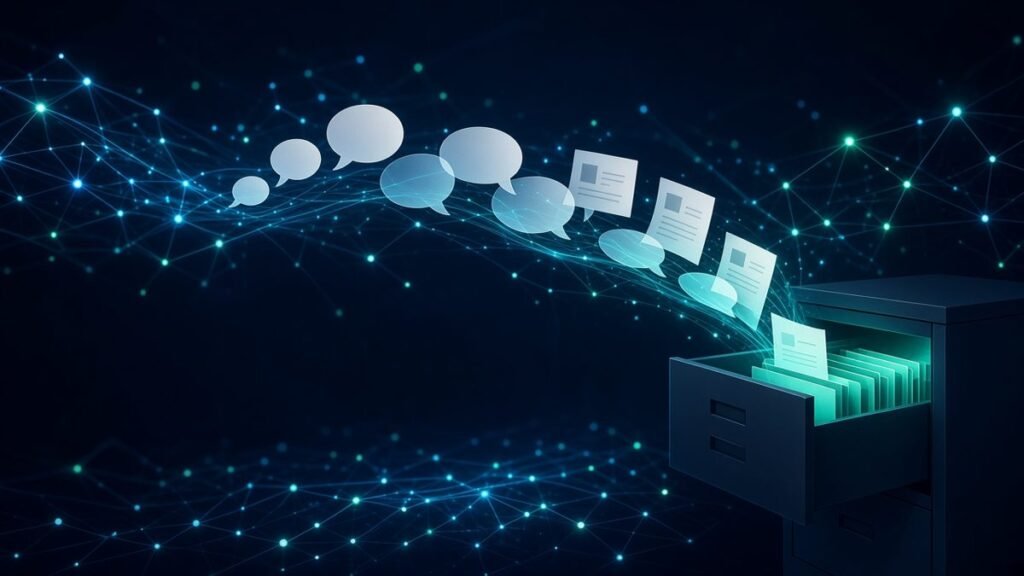 Illustration of speech bubbles drifting from a person and turning into documents that file themselves into an open filing cabinet