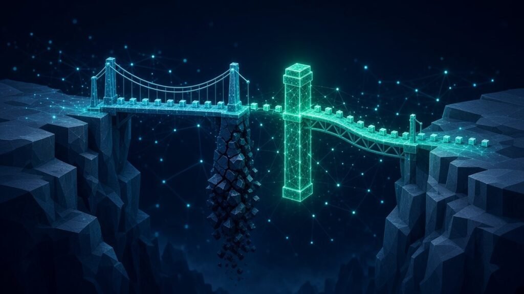 Illustration of a bridge across a chasm where one pillar is crumbling and an amber standby pillar keeps traffic flowing