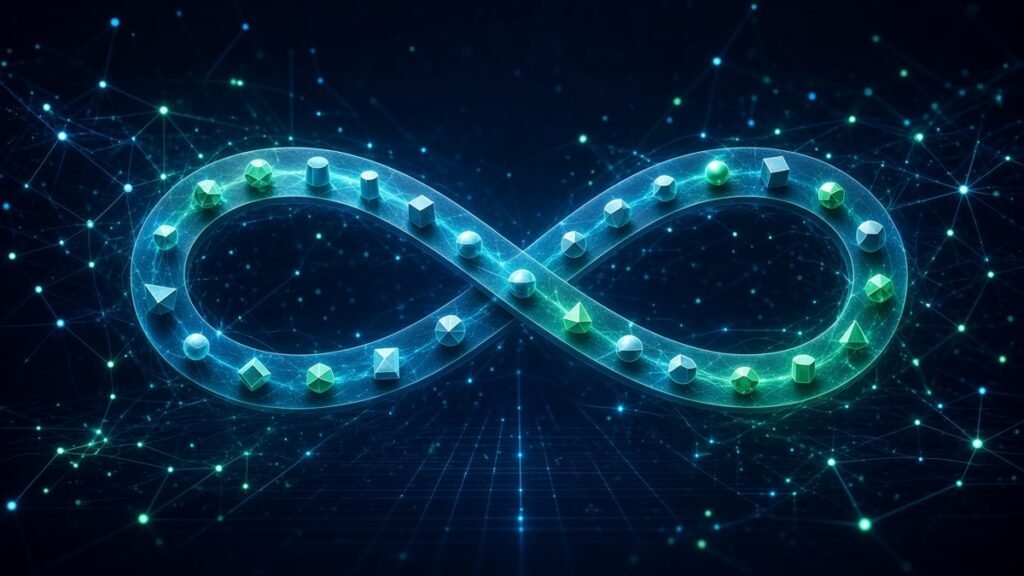 Illustration of an infinity-shaped track carrying a continuous stream of small prototype shapes above rolling hills