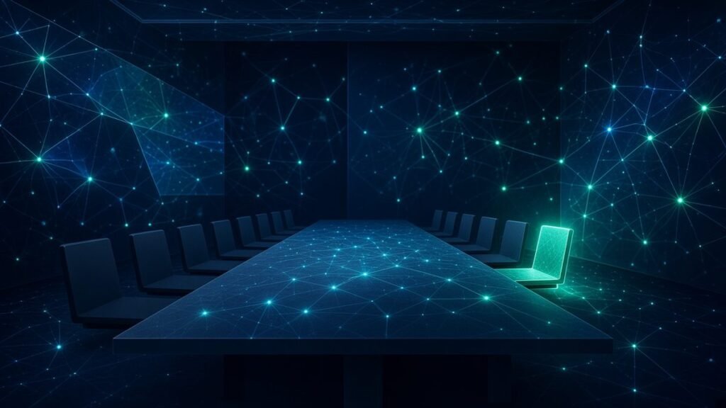 Illustration of a long boardroom table lined with chairs, one empty chair picked out in warm amber light