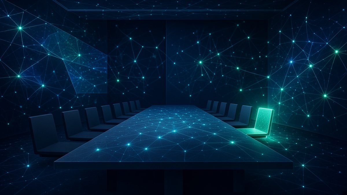 Illustration of a long boardroom table lined with chairs, one empty chair picked out in warm amber light
